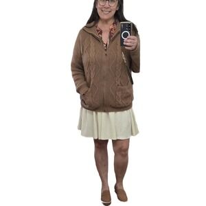 XL Super soft chunky camel tan brown full zip cowl neck Grandpa cable knit cardi